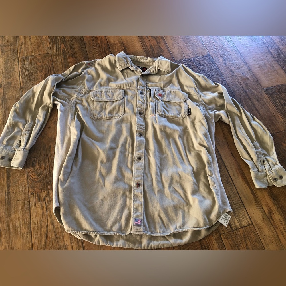 Ariat FR Men’s Tan Solid Cotton Button-Up Shirt Pockets 2XL Cat 2 Work Fire
